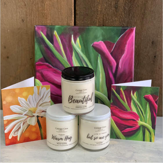 Flower greeting cards and candles to give as gifts.