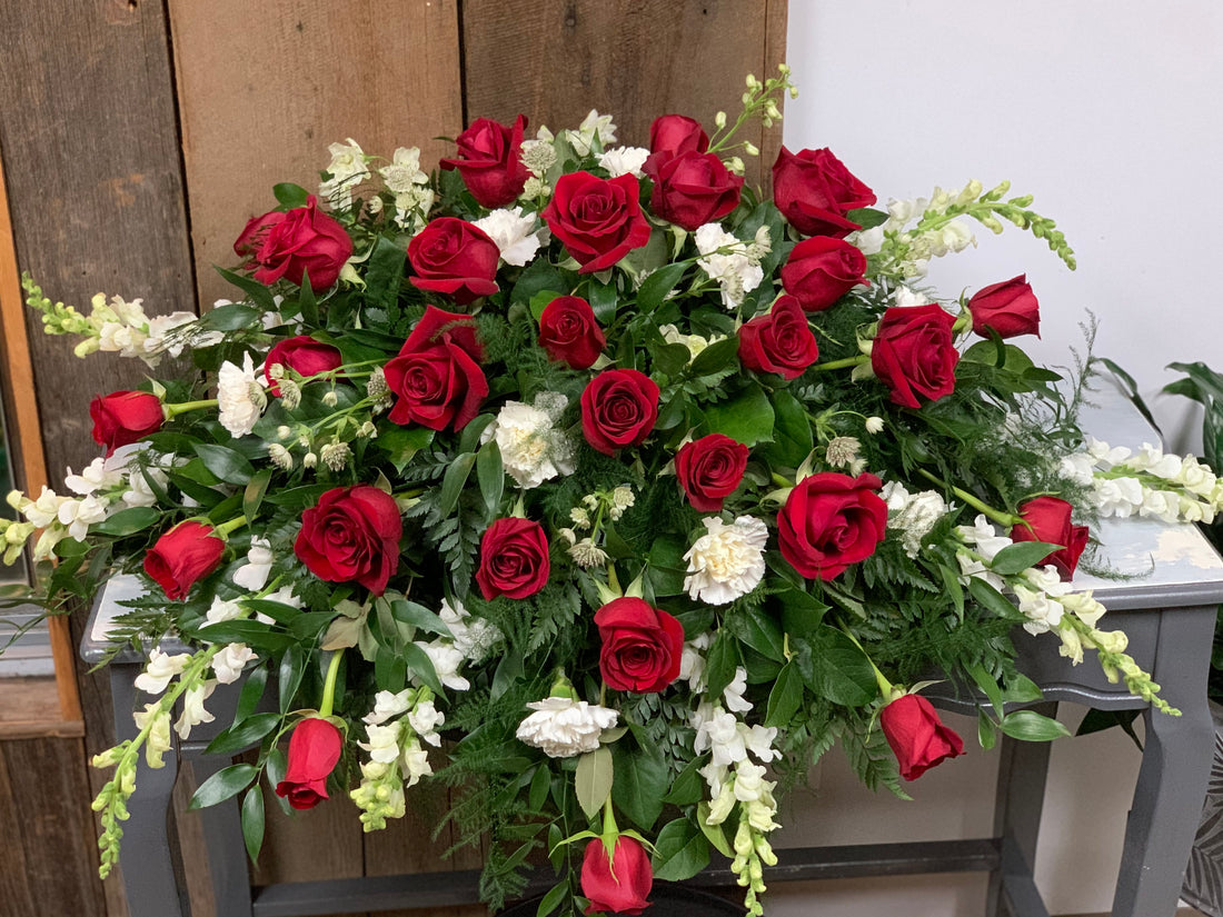 Mostly Roses Casket Spray (for display on an open casket)