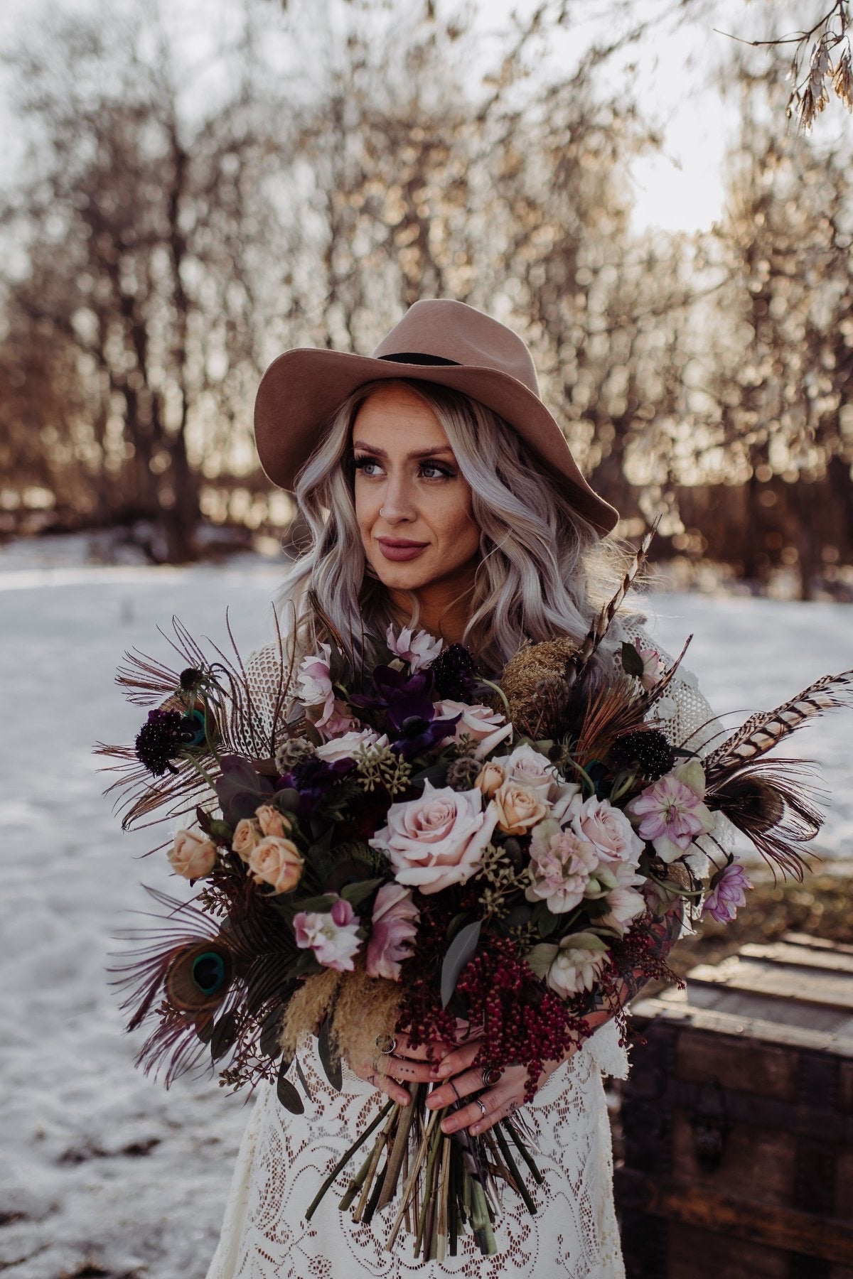 Large, boho wedding bouquet. Pink and neutral colored bridal bouquet.