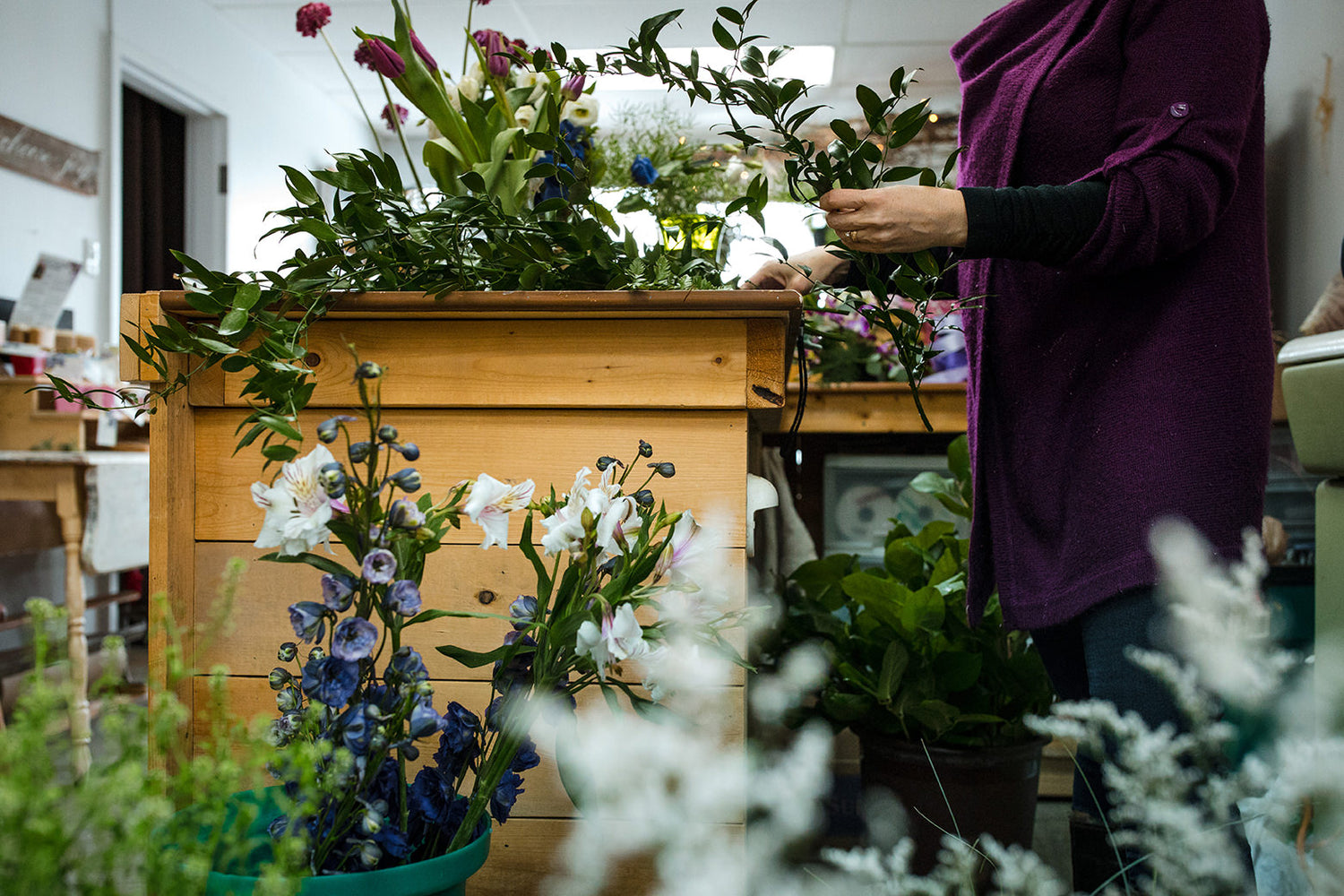 Local flower shop with many fresh, cut florals.