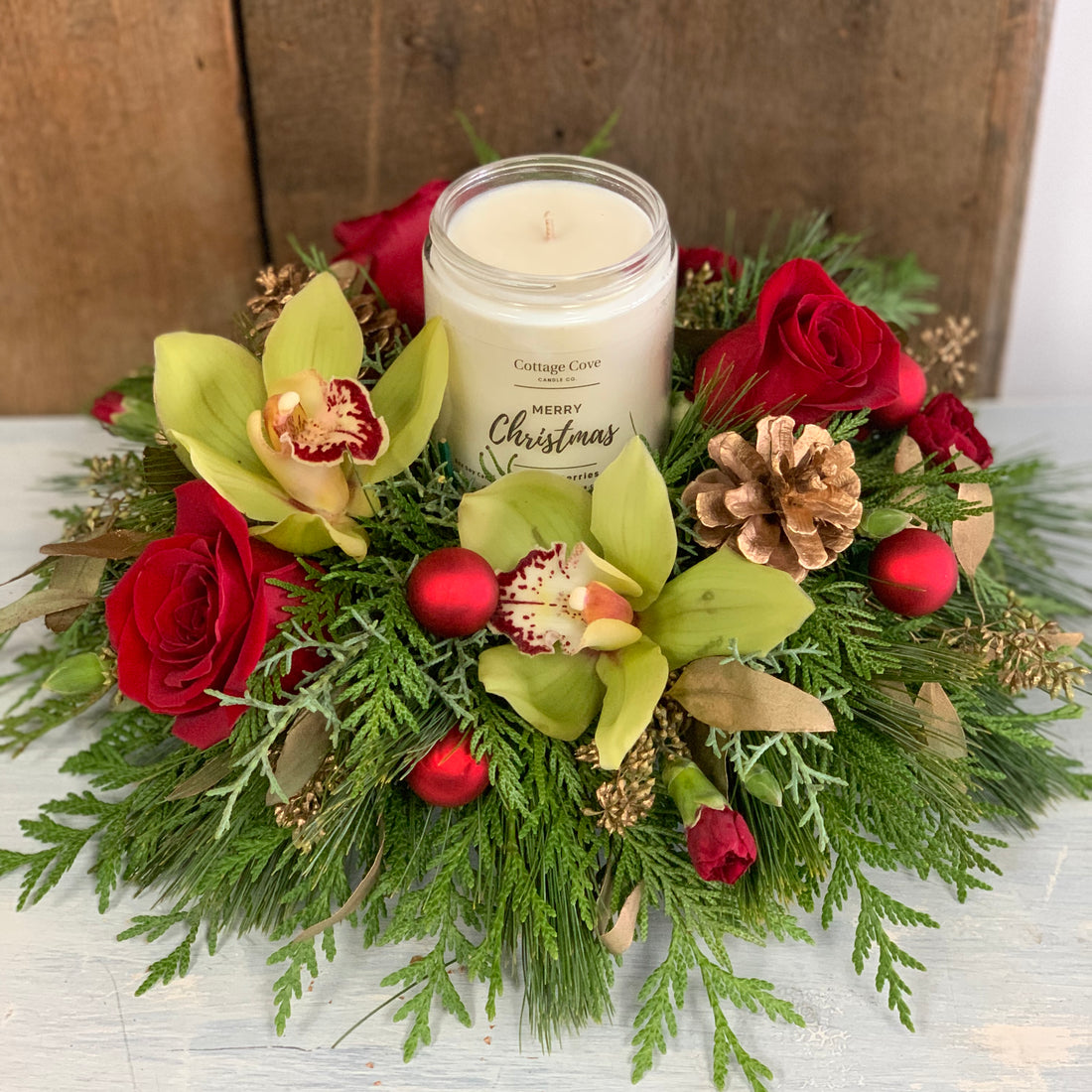 Christmas Candle Centrepiece ~ Orchids &amp; Roses